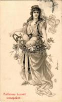 1910 Kellemes húsvéti ünnepeket / Easter greeting art postcard, lady with eggs. litho (EK)