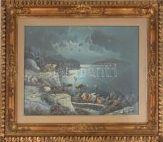 Olvashatatlan jelzéssel, XX. sz. második fele: Vízparti táj hajókkal. Olaj, vászon. Dekoratív, üvegezett fakeretben. 50x70 cm