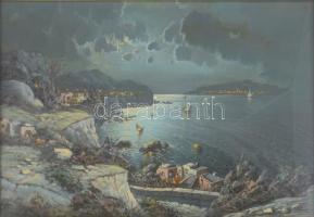 Olvashatatlan jelzéssel, XX. sz. második fele: Vízparti táj hajókkal. Olaj, vászon. Dekoratív, üvege...