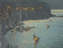 Olvashatatlan jelzéssel, XX. sz. második fele: Vízparti táj hajókkal. Olaj, vászon. Dekoratív, üvege...