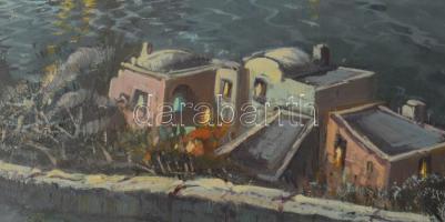 Olvashatatlan jelzéssel, XX. sz. második fele: Vízparti táj hajókkal. Olaj, vászon. Dekoratív, üvege...