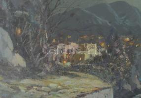 Olvashatatlan jelzéssel, XX. sz. második fele: Vízparti táj hajókkal. Olaj, vászon. Dekoratív, üvege...