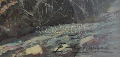 Olvashatatlan jelzéssel, XX. sz. második fele: Vízparti táj hajókkal. Olaj, vászon. Dekoratív, üvege...