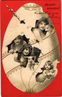 1906 Húsvéti üdvözlet / Easter greeting art postcard, ladies with egg, rabbits and sheep. Art Nouveau, litho (Rb)
