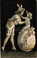 1904 Húsvéti üdvözlet / Easter greeting art postcard, lady with egg. Art Nouveau, litho (EK)