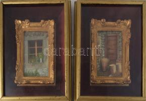 Olvashatatlan jelzéssel, XX. sz. második fele, 2 db mű: Udvarrészletek. Olaj, fa. Dekoratív, üvegezett, részben bársonyborítású fakeretben. 18x13,5 cm