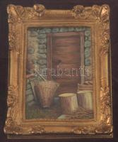 Olvashatatlan jelzéssel, XX. sz. második fele, 2 db mű: Udvarrészletek. Olaj, fa. Dekoratív, üvegeze...