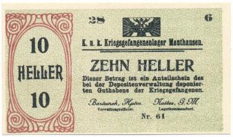 Ausztria / Mauthausen hadifogolytábor 1914-1918 k. 10h "UNGILTIG (érvénytelen)" bélyegzéssel a hátlapon T:UNC Austria / Mauthausen / POW camp ~1914-1918. 10 Heller "UNGILTIG (invalid)" overprint on the back C:UNC