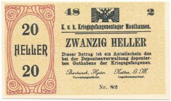 Ausztria / Mauthausen hadifogolytábor 1914-1918 k. 20h "UNGILTIG (érvénytelen)" bélyegzéssel a hátlapon T:AU Austria / Mauthausen / POW camp ~1914-1918. 20 Heller "UNGILTIG (invalid)" overprint on the back C:AU