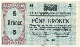 Ausztria / Mauthausen hadifogolytábor 1914-1918 k. 5K "UNGILTIG (érvénytelen)" bélyegzéssel a hátlapon T:UNC,AU Austria / Mauthausen / POW camp ~1914-1918. 5 Kronen "UNGILTIG (invalid)" overprint on the back C:UNC,AU