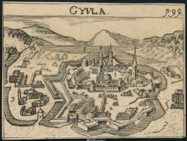 cca 1810 Gyula várának látképe, metszet, kartonra ragasztva, 6×8 cm