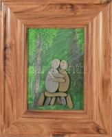 Jelzés nélkül: Erdei ölelés. Olaj, karton, kő, dekoratív keretben. Külső méret 24x30 cm