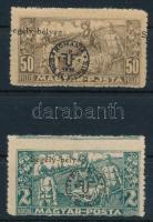 Debrecen II. 1920 50f, 2K (MBK 36, 38) elcsúszott felűlnyomással és elfogazva, Bodor vizsgálójellel