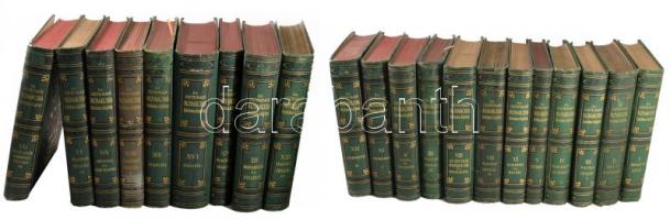 Az Osztrák-Magyar Monarchia írásban és képben I-XXI. kötet. Teljes. Egy kötet (XVIII.) szürke, a többi egységes zöld színű, Gottermayer Nándor-féle kötésben. Bp., 1887-1901, Magyar Királyi Államnyomda. Szövegközti és egész oldalas képekkel, térképekkel gazdagon illusztrált. Kiadói, aranyozott, dombornyomásos, egészvászon kötésben, változó állapotban, nagyrészt kissé kopott borítókkal, de közte kopottak is,de több jó állapotú is, néhány kötet borítója foltos, néhány gerincen kis sérüléssel, egyen pedig sérüléssel, egy kötet fűzése laza, egy kötet javított gerinccel, egy kötet javított kötéssel, egy kötetből (XVI.) egy tábla hiányzik a kettőből, részben bélyegzésekkel: köztük 3 kötetben intézményi bélyegzésekkel, foxing foltos lapokkal. A hibáktól, és az egy elütő kötésváltozattól eltekintve egy gyűjtemény értékes, dekoratív darabja lehet.