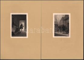 cca 1860 Félix Augustin Milius (1843-1894): Hétköznapi jelenetek, 2 db papírlapra ragasztott rézmetszet, 12×8 cm