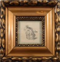 cca 19. század Fiatal nőt ábrázoló rézmetszet, üvegezett keretben, 7,5×6,5 cm, keret: 20×20 cm