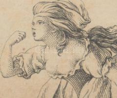 cca 19. század Fiatal nőt ábrázoló rézmetszet, üvegezett keretben, 7,5×6,5 cm, keret: 20×20 cm