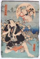 Toyokuni Ugatawa 1856 3 db színezett japán fametszetű kép, Szélein kissé rojtos / 3 Japanese woodblock prints 24x36 cm