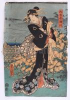 Toyokuni Ugatawa 1856 3 db színezett japán fametszetű kép, Szélein kissé rojtos / 3 Japanese woodblo...