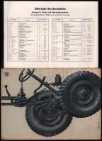 cca 1942 Volkswagen Schwimmwagen (Typ 166) német kétéltű csapatszállító jármű belső szerkezetét, alkatrészeit bemutató kiadvány, átlátszó fóliára nyomtatott ábrákkal, 32 p. (A Schwimmwagen volt a legnagyobb példányszámban készült kétéltű gépkocsi; 1942 és 1944 között 14 265 példányt gyártottak le a Wehrmacht számára.)