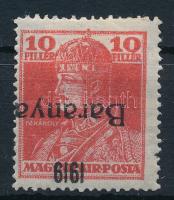 Baranya I. 1919 Károly 10f fordított, elcsúszott felülnyomással, Bodor vizsgálójellel (35.000)
