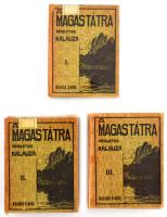 A Magas-Tátra részletes kalauza. I - III. kötet. Szerk.: Vigyázó János és Hefty Gy. Andor. (Összesen 7 füzet.) I. kötet: Előszó A Általános ismeretek, Gyakorlati tudnivalók, A Tátra alja.; II. kötet : A tátrai nyaraló- és télisporttelepek, üdülő- és gyógyfürdők s közvetlen környékük. B: Kirándulások a völgyekbe, hágókra és a legkönnyebb csúcsokra, C: Téli élet a Magas Tátrában.; III. kötet. (Hegymászókalauz). Szerk.: Komarnicki Gyula. I-III. köt. I.: Bevezetés. Betűsoros névmutató. Kriván-Csubrina-Lengyelnyereg. II.: Kis Viszoka-Kopahágó. III.: Hátsó-Barátcsorba-Liliowe. Függelék: Téli hegymászások.; Bp. , 1917. "Turistaság és Alpinizmus", (Pécs, Wessely és Horváth-ny.), I. köt.: VIII + 403 + [21] p.; II./A.: 6+179+19 p.+lev. 5 (kihajtható térképek, közte 2 színes) t.; II/B [181]-379+19 p.+ 7 (kihajtható, színes térképek) t. II./C.: 381-431+21 p.; III/1.: XXXII+222+22 p.; III/2.: 2+225-434+22 p.; III3.: 2+[437]-520+20 p. 2. kiadás. Számos szövegközti ábrával, térképpel. A borítókon és a számozatlan lapokon rendkívül gazdag korabeli reklám-anyaggal illusztrált. A hazai turistáskodás és hegyvidéki gyógyüdülés bölcsőjének számító Magas-Tátra az 1880-as évektől a hazai idegenforgalmi fejlesztések kitüntetett terepe volt. Fűzve, illusztrált kiadói borítóban, illusztrált, javított kiadói tokban, az I. kötet hátsó borítója sérült, a II. kötet füzeteinek borítóin kisebb nagyobb hiányok, ragasztások, a II. kötet egyes térképein kisebb-nagyobb szakadások, a III. kötet 2. füzet borítója elvált, de a lapok mindenhol jó állapotban. "Magyar Turista Egyesület Kőbányai Asztal" bélyegzésekkel. Az első 4 füzet címlapján (I-II kötet) egykorú autográf bejegyzésekkel.