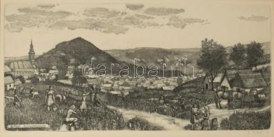 Gaál Domonkos (1940-2009): Szüret Szekszárdon. Rézkarc, papír, jelzett, paszpartuban, 24×49 cm