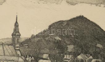 Gaál Domonkos (1940-2009): Szüret Szekszárdon. Rézkarc, papír, jelzett, paszpartuban, 24×49 cm