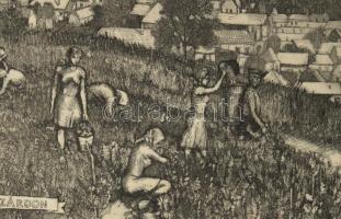 Gaál Domonkos (1940-2009): Szüret Szekszárdon. Rézkarc, papír, jelzett, paszpartuban, 24×49 cm