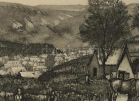 Gaál Domonkos (1940-2009): Szüret Szekszárdon. Rézkarc, papír, jelzett, paszpartuban, 24×49 cm