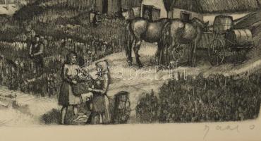 Gaál Domonkos (1940-2009): Szüret Szekszárdon. Rézkarc, papír, jelzett, paszpartuban, 24×49 cm