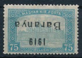 Baranya I. 1919 Parlament 75f fordított, elcsúszott felülnyomással, Bodor vizsgálójellel (35.000)