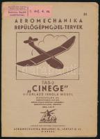 cca 1960 Cinege vitorlázó repülőgép modell terv. Aeromechanika. Nagy méretű terv, borítóval