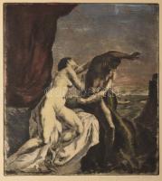 Iványi Grünwald Béla (1867-1940) és Prihoda István (1891-1965): József és Putifárné. Színezett rézkarc, papír, jelzett (Iványi Grünwald Béla által). Lap szélén kisebb foltokkal. 25x23 cm