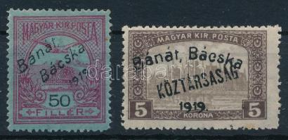 Bánát-Bácska 1919 Turul 50f, Parlament/Köztársaság 5K, Bodor vizsgálójellel (32.000)