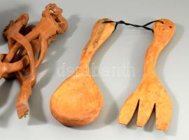 Fa dísztárgyak: afrikai faragott, elefántos kínáló, két tálaló kanál, áttört fűszeres polc 20 cm