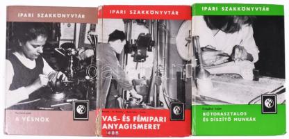Ipari szakkönyvtár 3 kötete:  Farkas Lajos: A vésnök, Czagány Lajos: Bútorasztalos és díszítő munkák, Benedek - Kismarty - Moskovszky - Osoha: Vas- és fémipari anyagismeret. Az utolsó kötet sérült gerinccel, volt könyvtári példány.