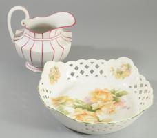 Áttört porcelán kínáló tál d: 20 cm, Kiöntő m: 13 cm j.n.