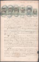 1876 Bp., adásvételi szerződés IV. ker. Váci u. - Zsibárus u. sarkán található üzlet (fűszer-, csemege- és borkereskedés) eladásáról, magas díjlerovással: 1870 3 x 20Ft, 1868 7Ft, 1868 1Ft, ill. 1870 75kr okmánybélyegekkel.