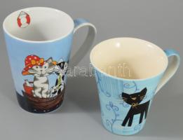 2 db cicás macskás bögre, egyik kézzel festett thai kerámia 10 cm, 12 cm