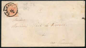 1852 3kr HP Ib. túlbérmentesített helyi levélen, nagyon ritka! / 3kr HP Ib. on local overfranked cover, R! "TEMESVÁR"