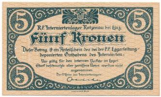 Ausztria / Katzenau Hadifogolytábor Linz közelében 1914-1918 k. 5K három lyukkal perforálva T:UNC,AU...