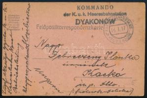 1917 Tábori posta levelezőlap / Field postcard "KOMMANDO der K.u.k. Heeresbahnstation DYAKONOW" + "EP HRUBIESZOW b"