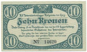 Ausztria / Katzenau Hadifogolytábor Linz közelében 1914-1918 k. 10K három lyukkal perforálva T:UNC,AU Austria / Katzenau bei Linz POW camp ~1914-1918. 10 Kronen perforated with three holes C:UNC,AU