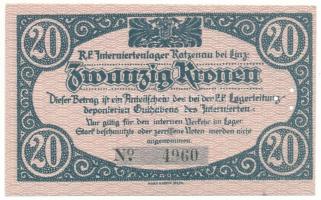 Ausztria / Katzenau Hadifogolytábor Linz közelében 1914-1918 k. 20K három lyukkal perforálva T:UNC Austria / Katzenau bei Linz POW camp ~1914-1918. 20 Kronen perforated with three holes C:UNC