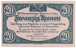 Ausztria / Katzenau Hadifogolytábor Linz közelében 1914-1918 k. 20K három lyukkal perforálva T:UNC
...
