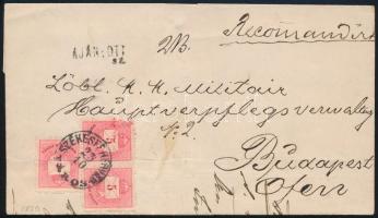 1879 Ajánlott levél 3 x 5kr erősen festékfoltos bélyeggel (2 bélyegen hajtásnyom) / 3 x 5kr with paint spots on registered cover (2 stamps folded) "SZÉKESFEHÉRVÁR / VÁROS" - Ofen