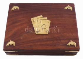 Fa kártyatartó doboz réz intarziával, hibátlan, 12x15 cm