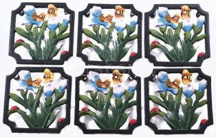 6 darab szecessziós stílusú öntöttvas edényalátét, virág- és bogármintákkal festett, 10,5x10,5 cm, nagyobb alátétté is összerendezhetőek, hibátlan.