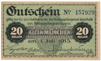 Ausztria / Kleinmünchen Hadifogolytábor 1915. 20h "157929" T:AU Austria / Kleinmünchen POW camp 1915. 20 Heller "157929" C:AU